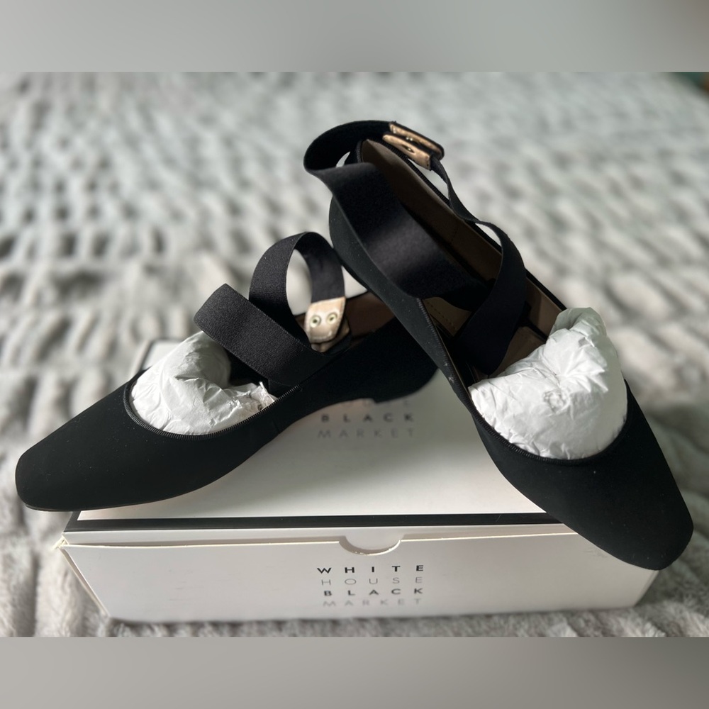 WHBM Black Leather Ballet Flats with Elegant Ankle Strap Detail Size 6